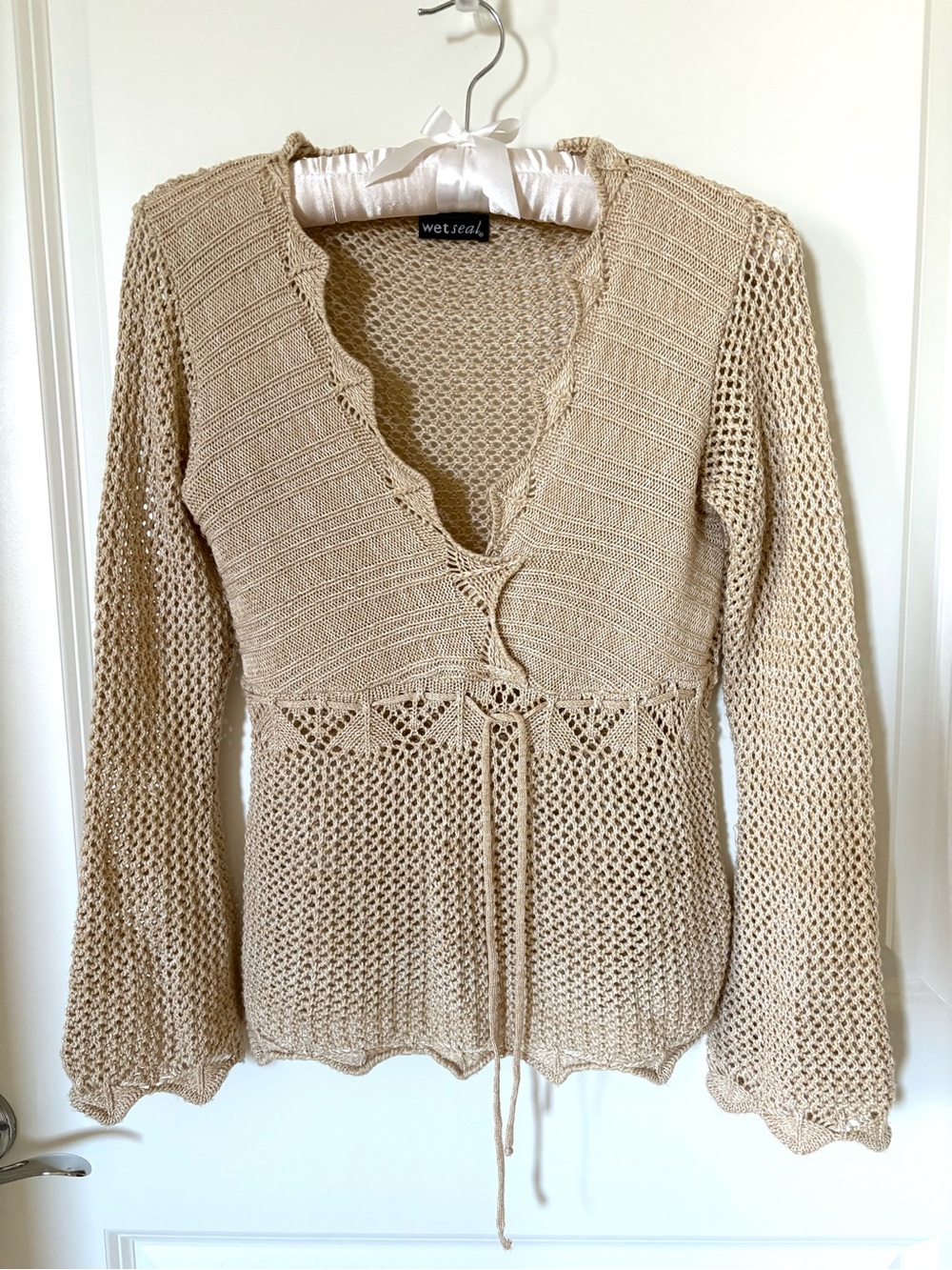 Wet Seal Beige Tie-Front V-Neck Knit Sweater